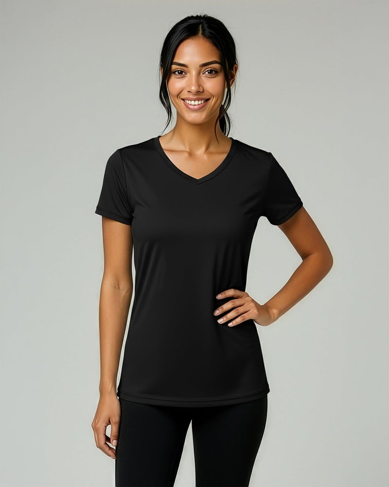 REALESSENTIALS Real Essentials 5 Pack: Women's Dry Fit Short Sleeve V Neck Workout Top - Fitness Pilates Gym Athletic Yoga T-Shirt (Plus Available), Set 5, M - Image 2